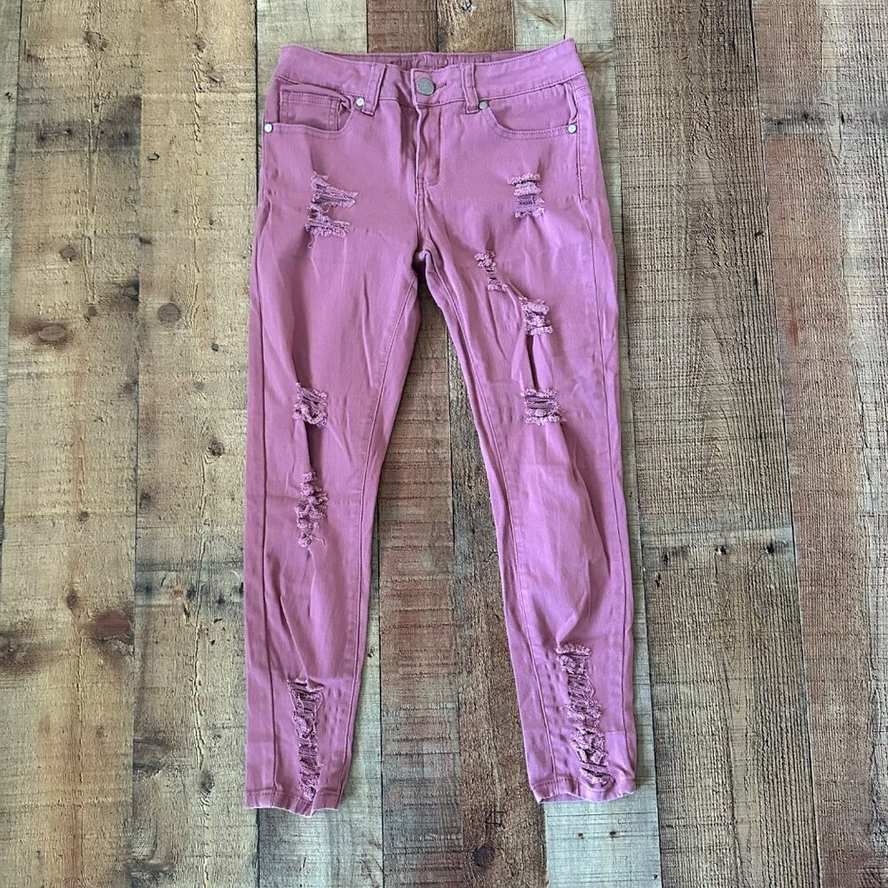Distressed Pink Skinny Jeans With Ripped Detailing & Pockets